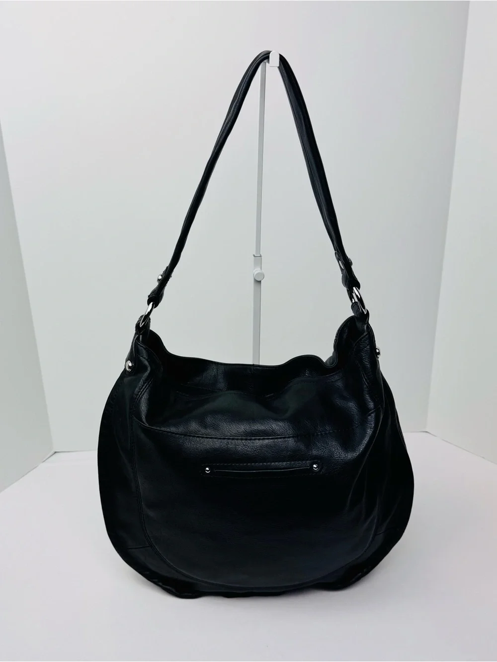 B. Makowsky Black Leather Hobo Bag with silver hardware. Soft, supple leather.